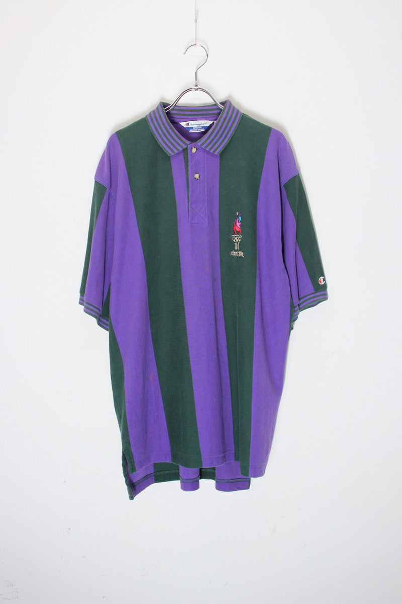 MADE IN USA 96'S S/S ATLANTA OLYMPIC STRIPE POLO SHIRT / PURPLE/GREEN [SIZE: XL USED]