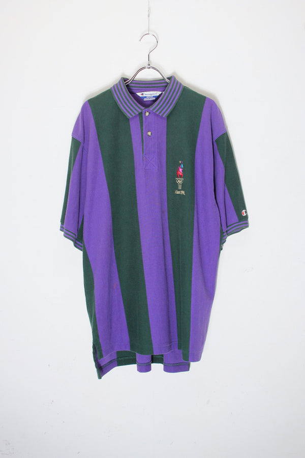 MADE IN USA 96'S S/S ATLANTA OLYMPIC STRIPE POLO SHIRT / PURPLE/GREEN [SIZE: XL USED]