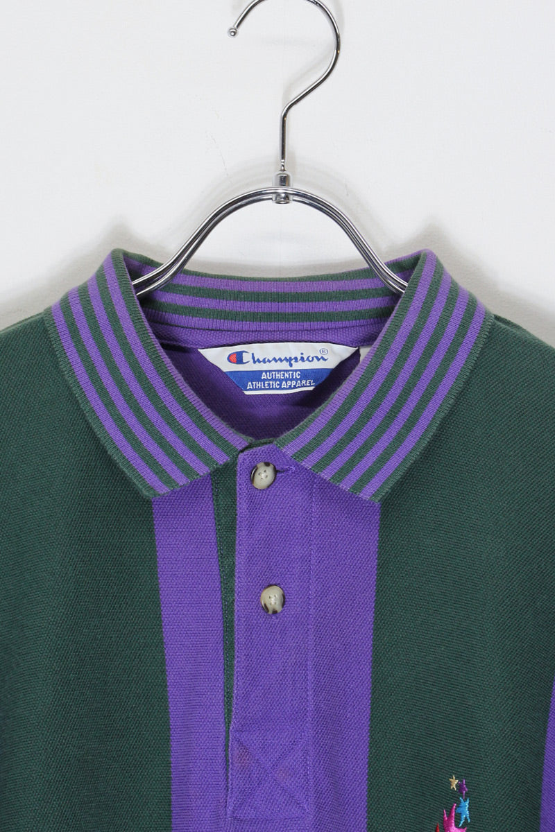 MADE IN USA 96'S S/S ATLANTA OLYMPIC STRIPE POLO SHIRT / PURPLE/GREEN [SIZE: XL USED]