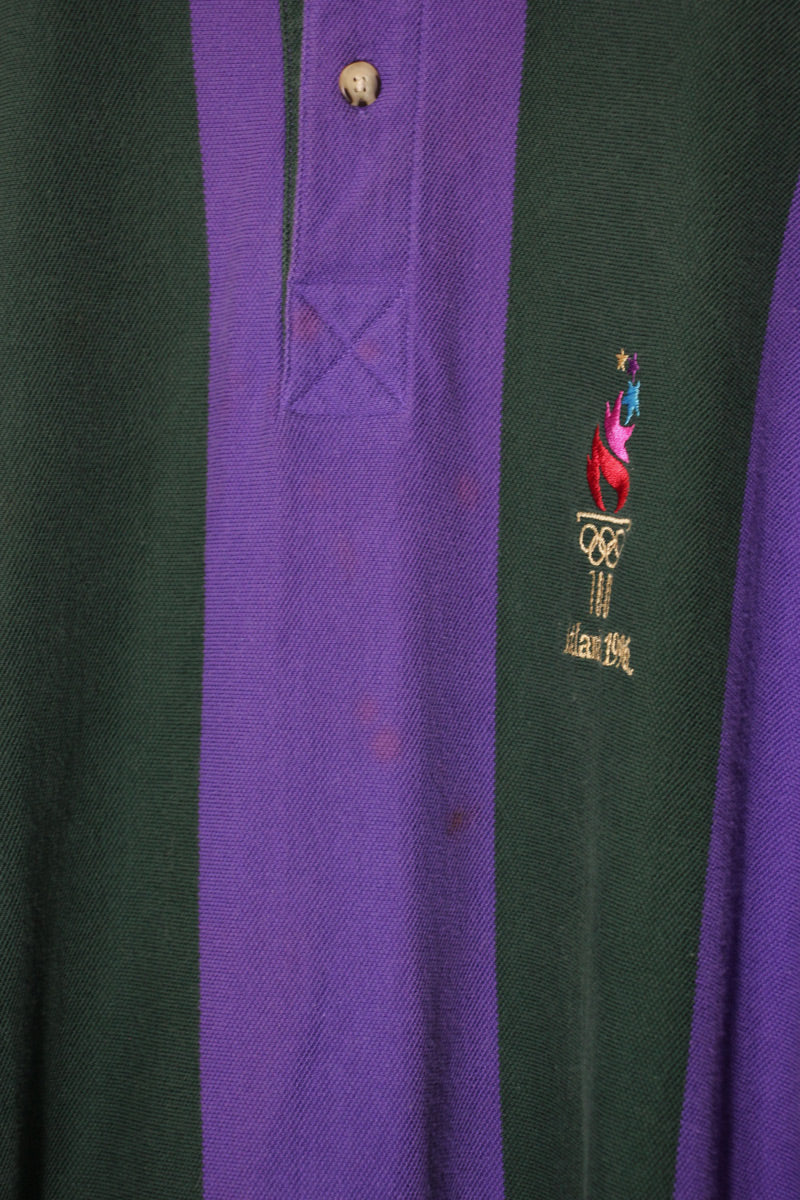 MADE IN USA 96'S S/S ATLANTA OLYMPIC STRIPE POLO SHIRT / PURPLE/GREEN [SIZE: XL USED]