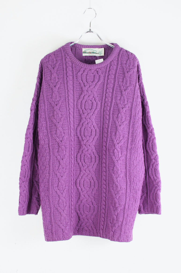 MADE IN IRELAND 90'S MERINO WOOL ARAN MELANGE KNIT SWEATER / PURPLE [SIZE: XL USED]