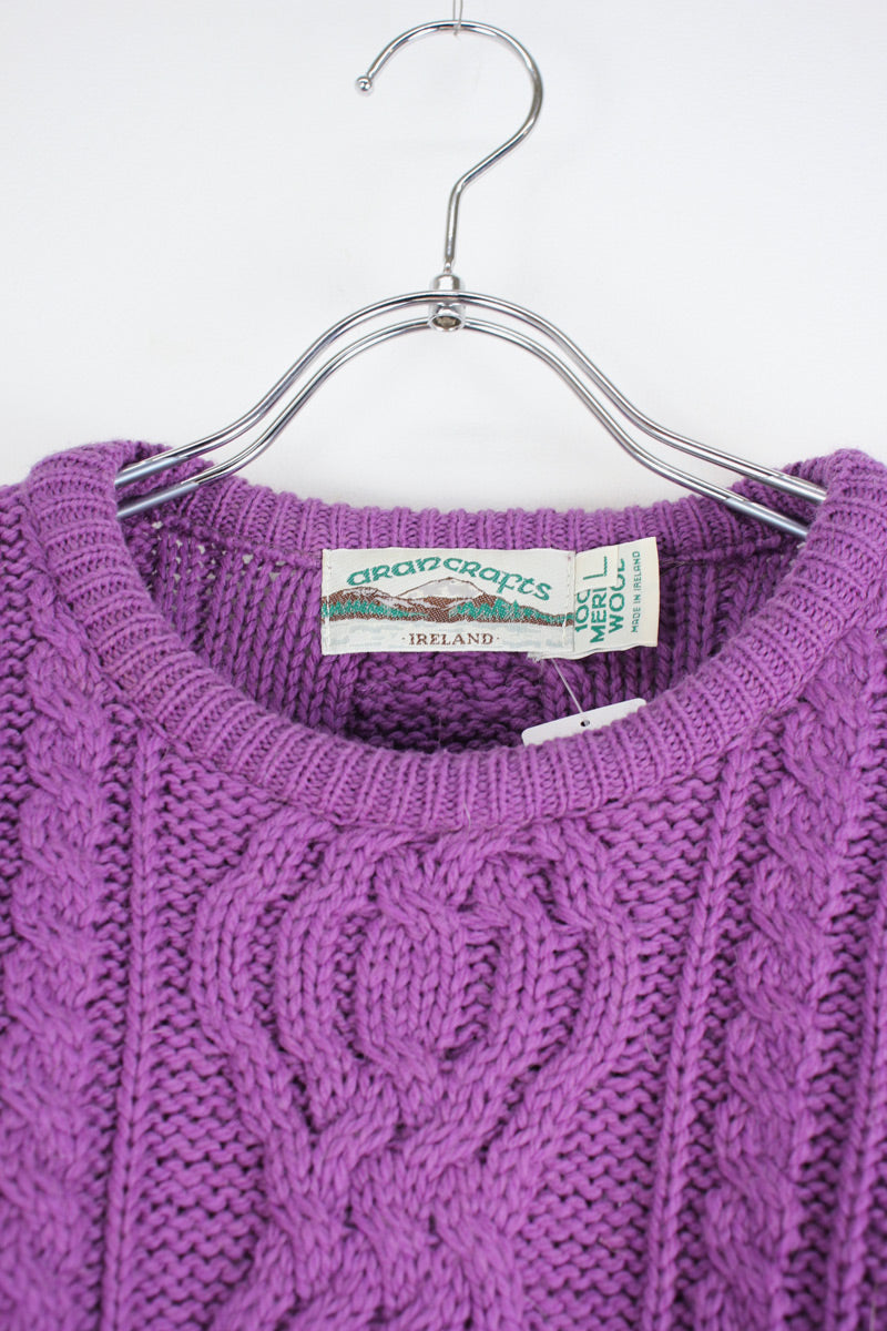 MADE IN IRELAND 90'S MERINO WOOL ARAN MELANGE KNIT SWEATER / PURPLE [SIZE: XL USED]