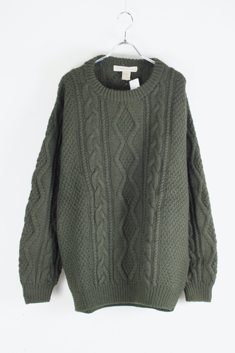 90s WOOL ARAN HAND KNIT SWEATER / LIGHT OLIVE [SIZE: L DEAD STOCK]