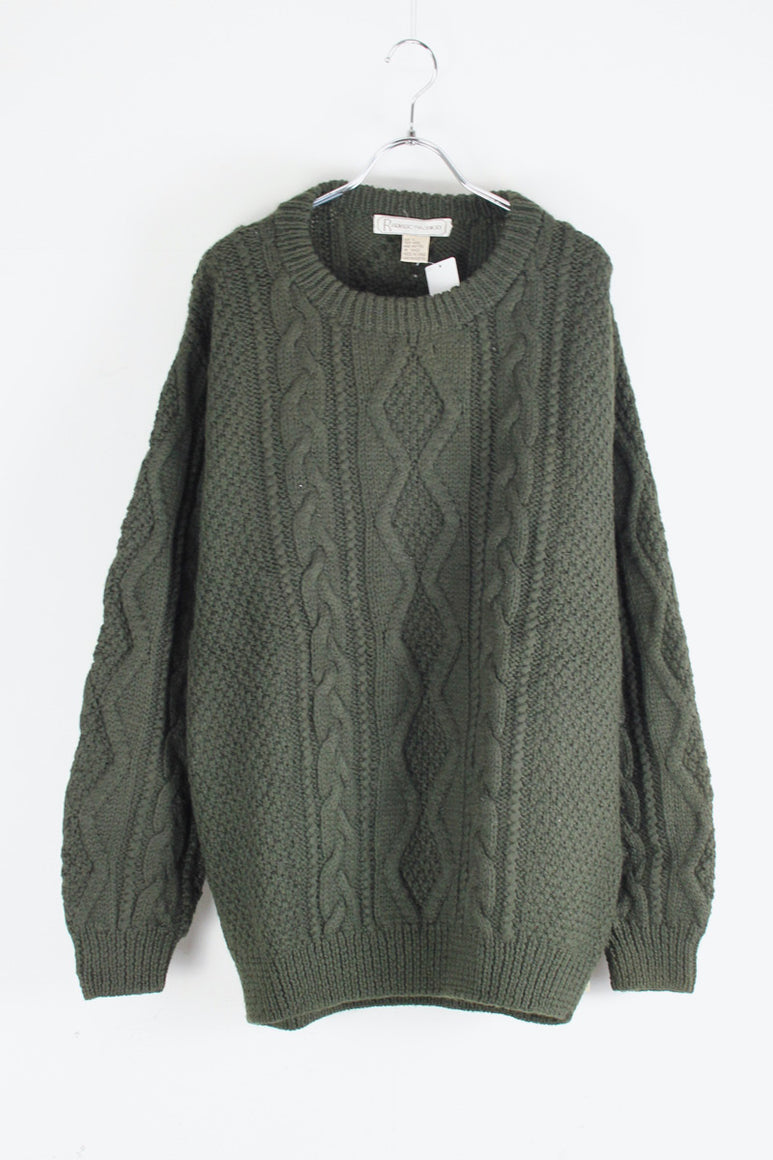 90'S WOOL ARAN HAND KNIT SWEATER / LIGHT OLIVE [SIZE: L DEAD STOCK]