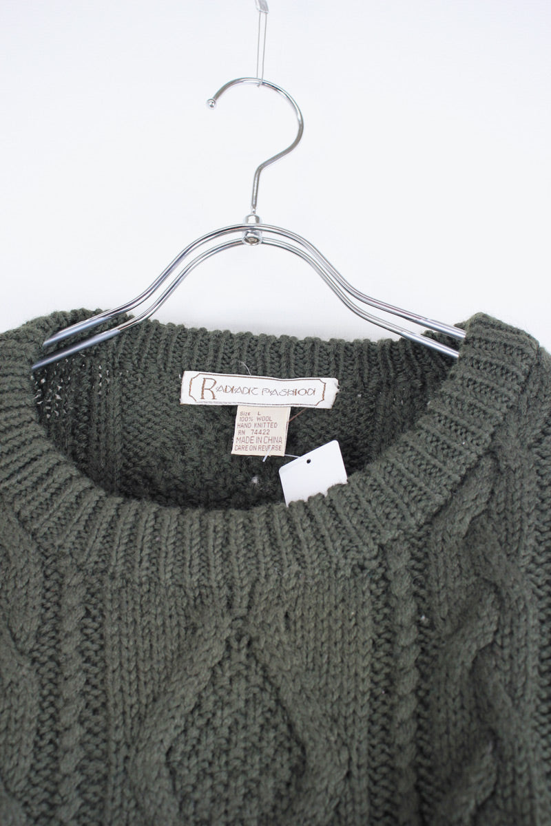 90s WOOL ARAN HAND KNIT SWEATER / LIGHT OLIVE [SIZE: L DEAD STOCK]
