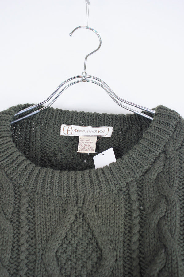 90s WOOL ARAN HAND KNIT SWEATER / LIGHT OLIVE [SIZE: L DEAD STOCK]