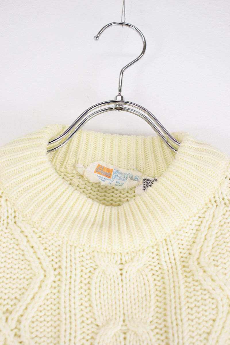 80'S ACRYLIC CABLE KNIT SWEATER / IVORY [SIZE: M USED]