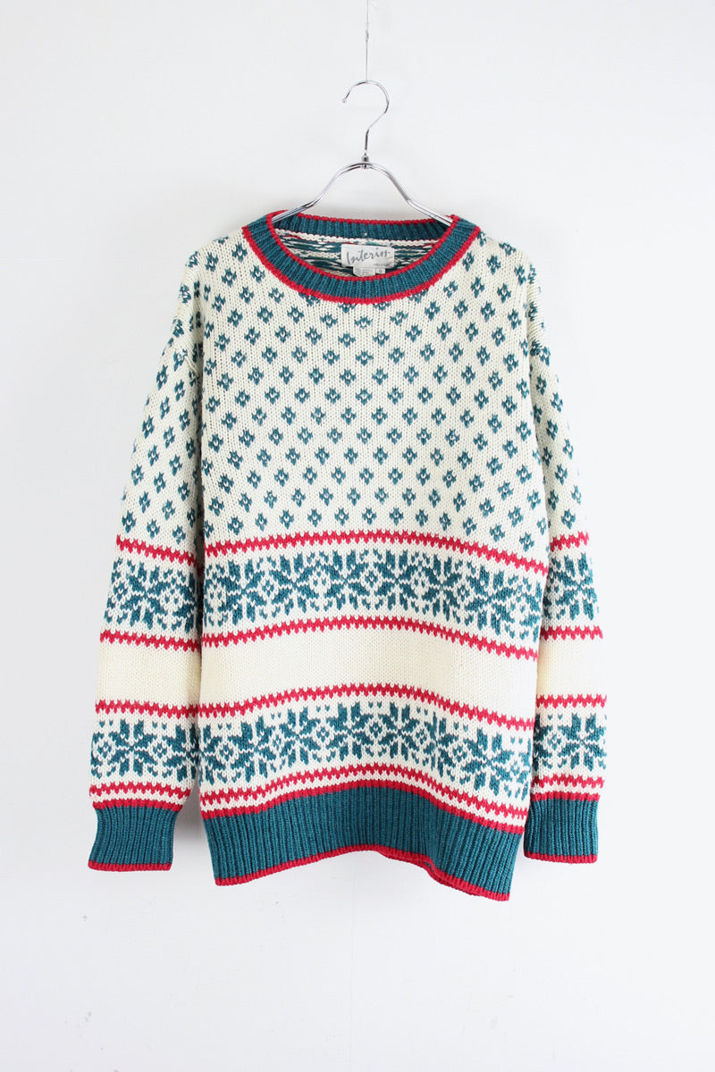 90'S ACRYLIC WOOL NORDIC PATTERN KNIT SWEATER / WHITE/BLUE/RED [SIZE: S USED]