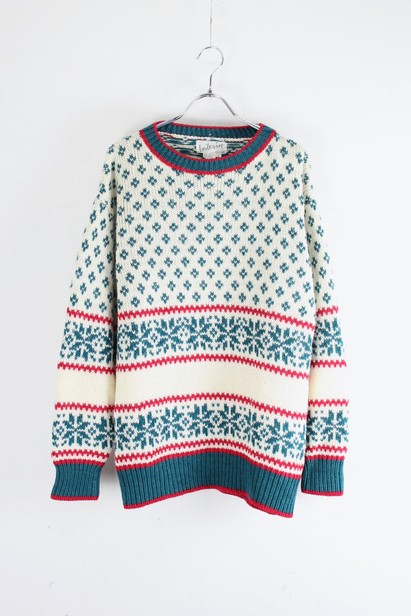 90'S ACRYLIC WOOL NORDIC PATTERN KNIT SWEATER / WHITE/BLUE/RED [SIZE: S USED]