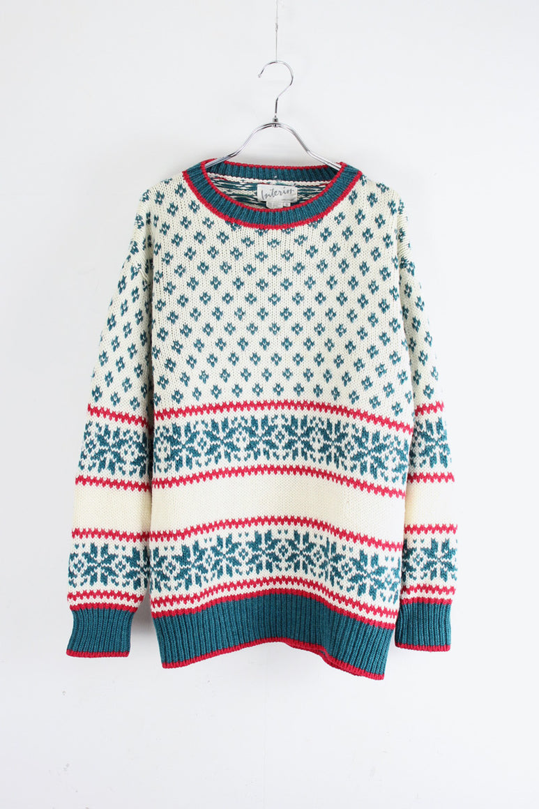 90'S ACRYLIC WOOL NORDIC PATTERN KNIT SWEATER / WHITE/BLUE/RED [SIZE: S USED]