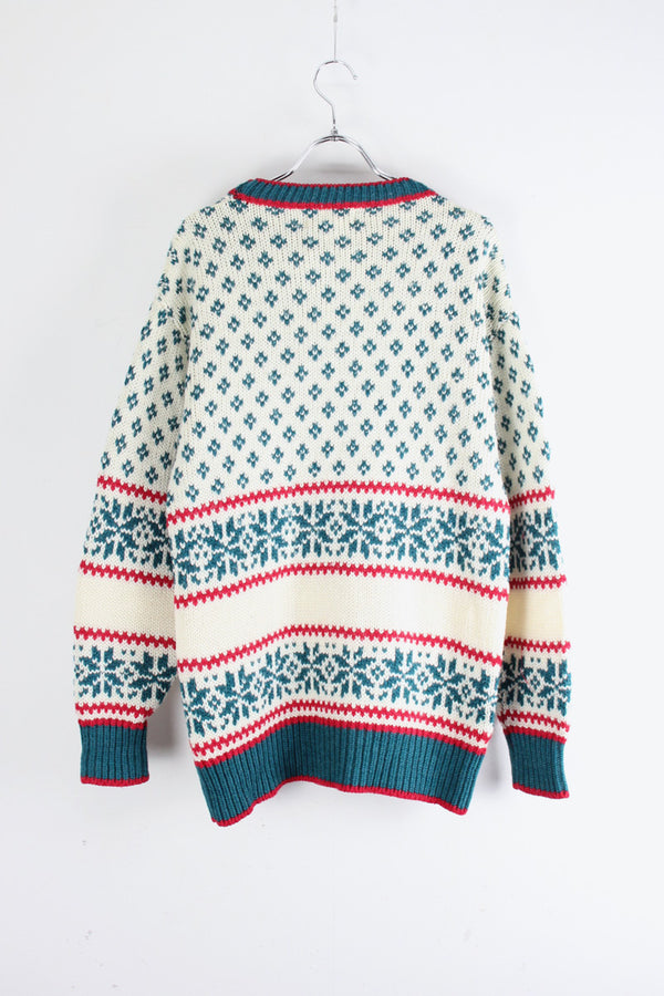 90'S ACRYLIC WOOL NORDIC PATTERN KNIT SWEATER / WHITE/BLUE/RED [SIZE: S USED]