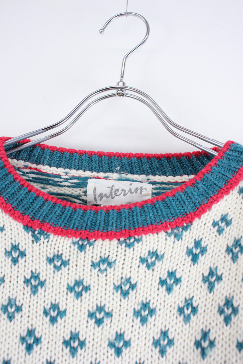 90'S ACRYLIC WOOL NORDIC PATTERN KNIT SWEATER / WHITE/BLUE/RED [SIZE: S USED]