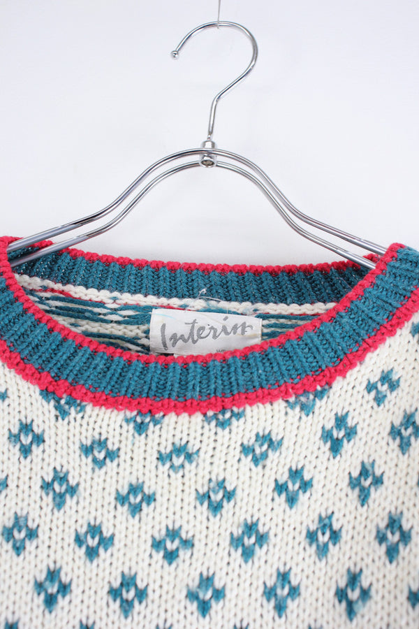 90'S ACRYLIC WOOL NORDIC PATTERN KNIT SWEATER / WHITE/BLUE/RED [SIZE: S USED]