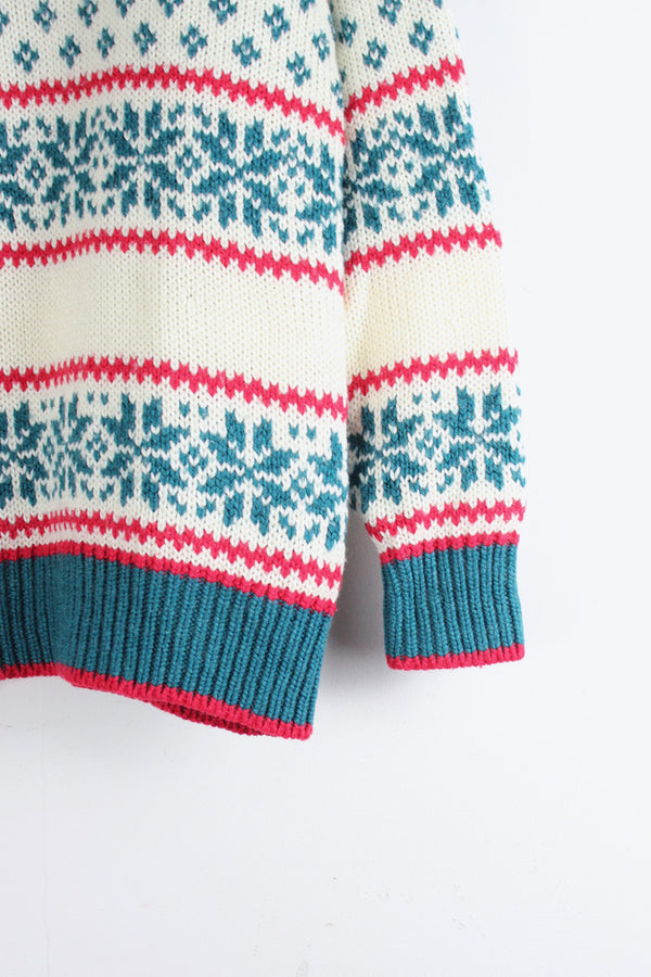 90'S ACRYLIC WOOL NORDIC PATTERN KNIT SWEATER / WHITE/BLUE/RED [SIZE: S USED]