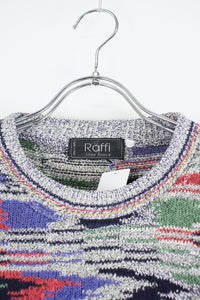 MADE IN ITALY 90'S MULTI PATTERN ACRYLIC KNIT SWEATER / GREY MULTI [SIZE: L相当 USED]