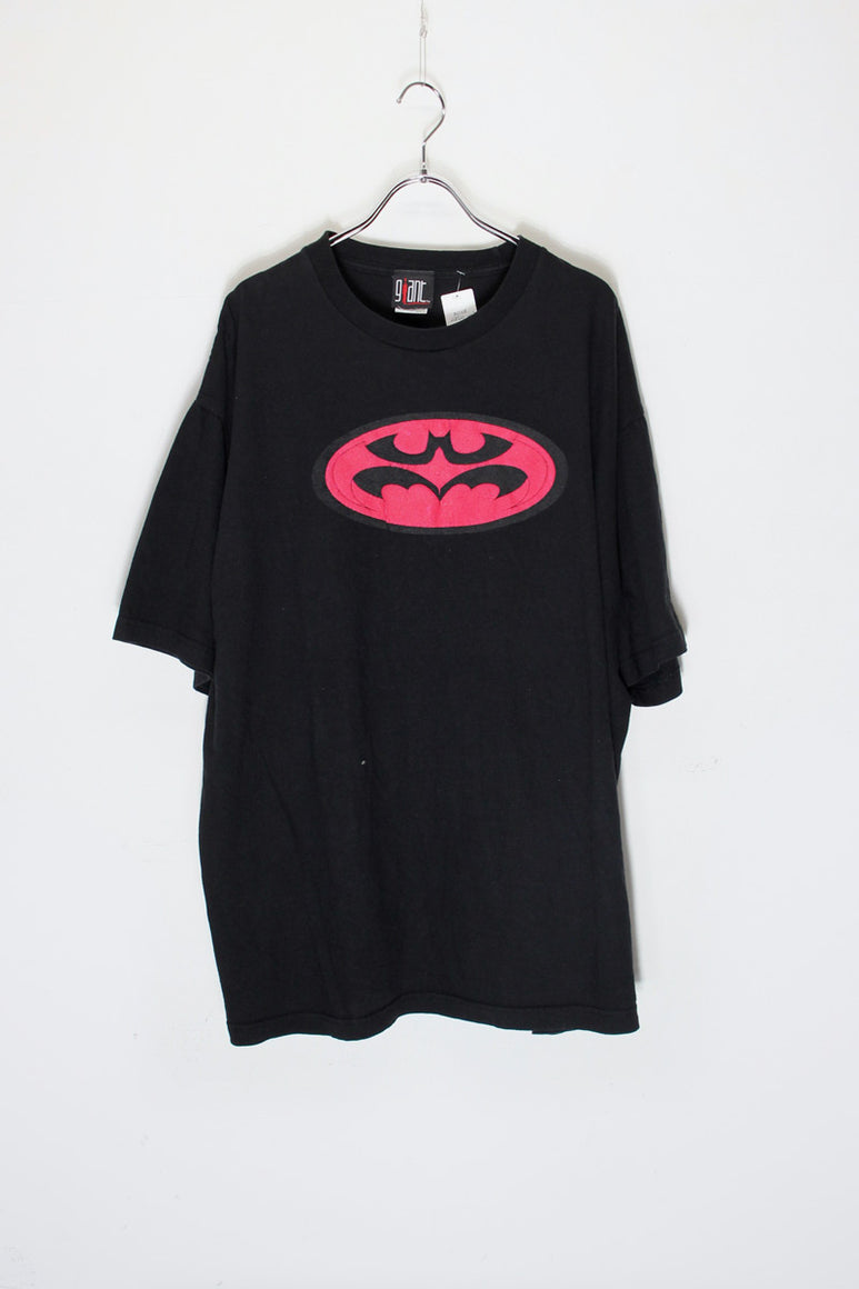 MADE IN USA 90'S S/S BATMAN FLOCKEY PRINT LOGO T-SHIRT / BLACK [SIZE: XL USED]