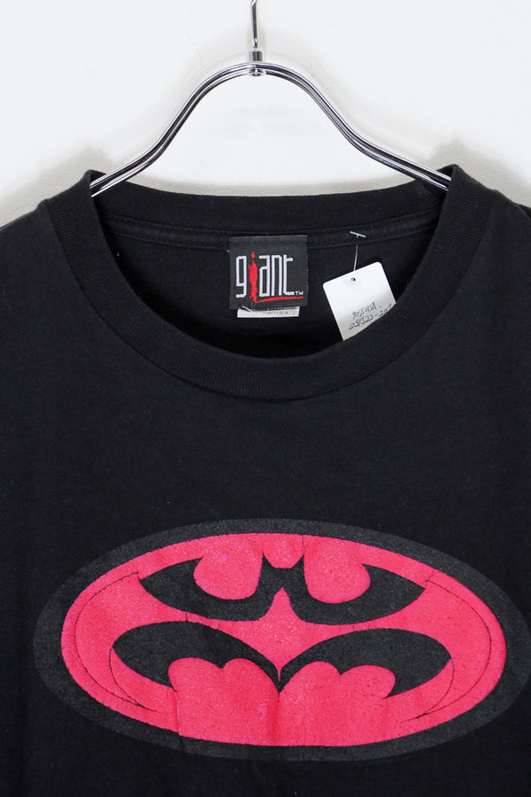 MADE IN USA 90'S S/S BATMAN FLOCKEY PRINT LOGO T-SHIRT / BLACK [SIZE: XL USED]