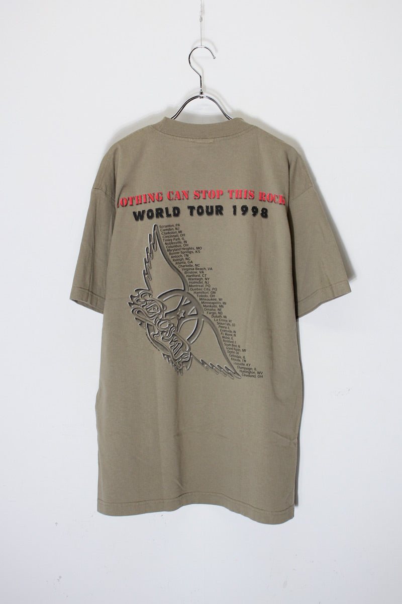 MADE IN USA 98'S S/S AEROSMITH PRINT BAND TOUR T-SHIRT / BEIGE [SIZE: L USED]