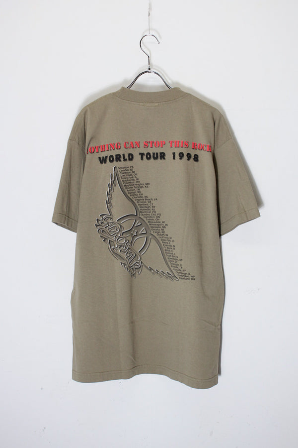 MADE IN USA 98'S S/S AEROSMITH PRINT BAND TOUR T-SHIRT / BEIGE [SIZE: L USED]
