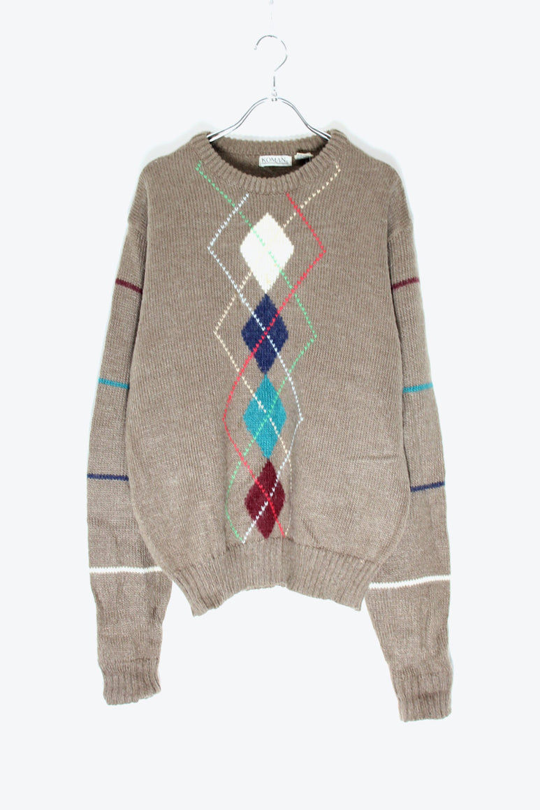 90'S ARGYLE ACRYLIIC MOHAIR CREW NECK SWEATER / BEIGE [SIZE: L USED]