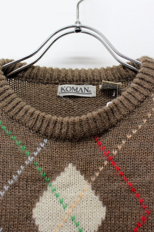 90'S ARGYLE ACRYLIC MOHAIR CREW NECK SWEATER / BEIGE [SIZE: L USED]