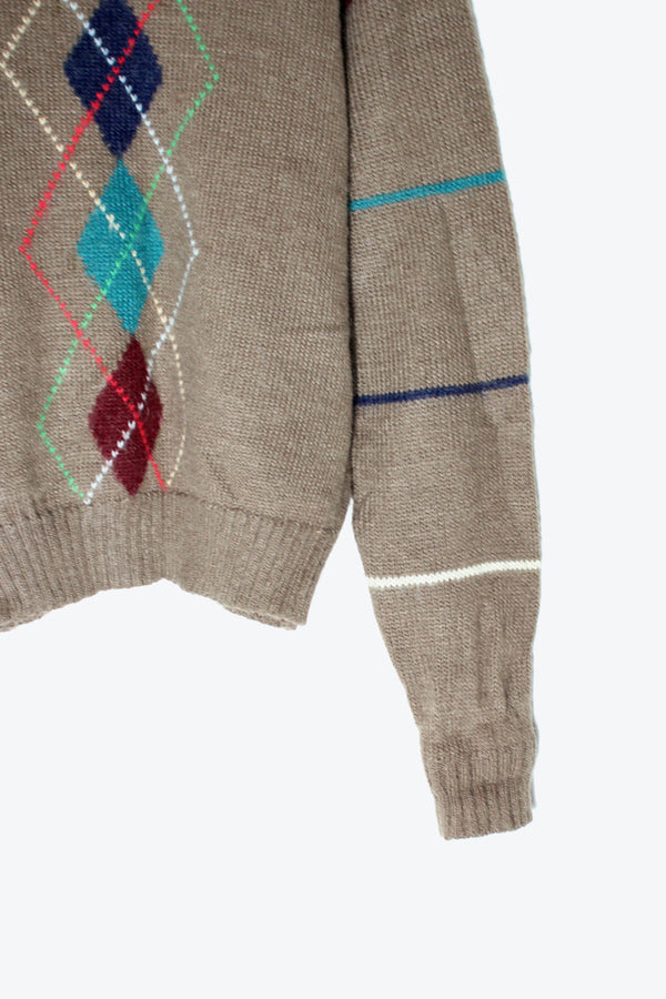 90'S ARGYLE ACRYLIC MOHAIR CREW NECK SWEATER / BEIGE [SIZE: L USED]