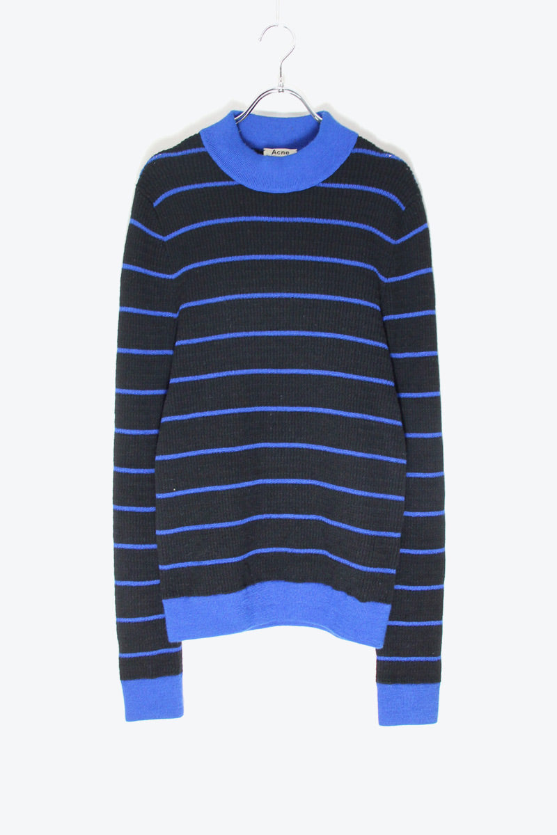 MOCK-NECK BORDER WOOL NYLON KNIT SWEATER / BLACK/BLUE [SIZE: L USED]