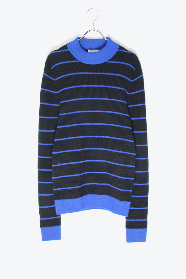 MOCK-NECK BORDER WOOL NYLON KNIT SWEATER / BLACK/BLUE [SIZE: L USED]