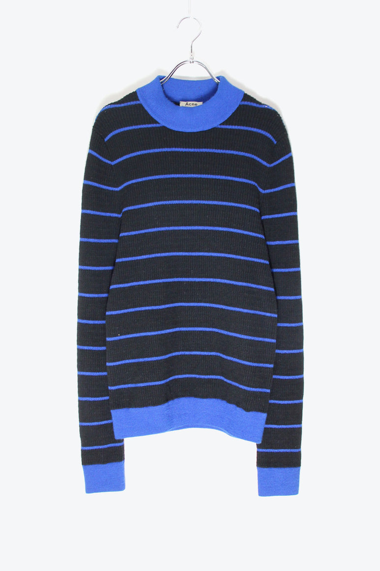 MOCK-NACK BORDER WOOL NYLON KNIT SWEATER / BLACK/BLUE [SIZE: L USED]
