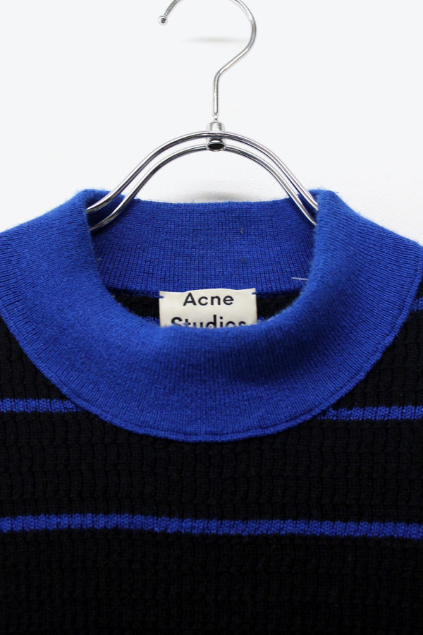MOCK-NECK BORDER WOOL NYLON KNIT SWEATER / BLACK/BLUE [SIZE: L USED]