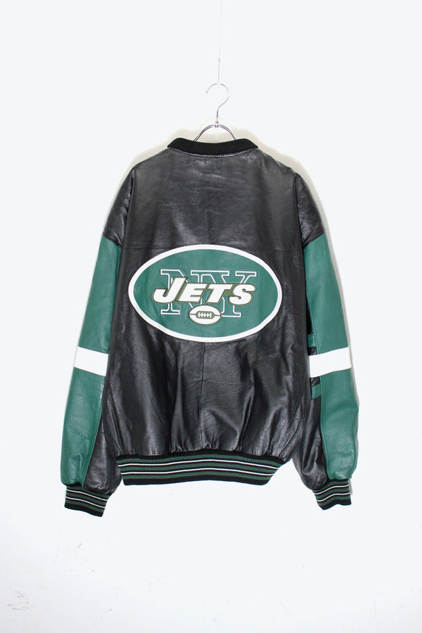 90'S NY JETS BACK EMBROIDERY STADIUM LEATHER JACKET / BLACK / GREEN [ SIZE: XL USED ]
