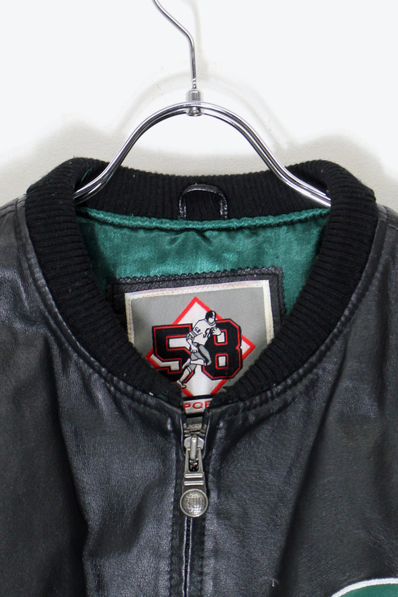 90'S NY JETS BACK EMBROIDERY STADIUM LEATHER JACKET / BLACK / GREEN [ SIZE: XL USED ]
