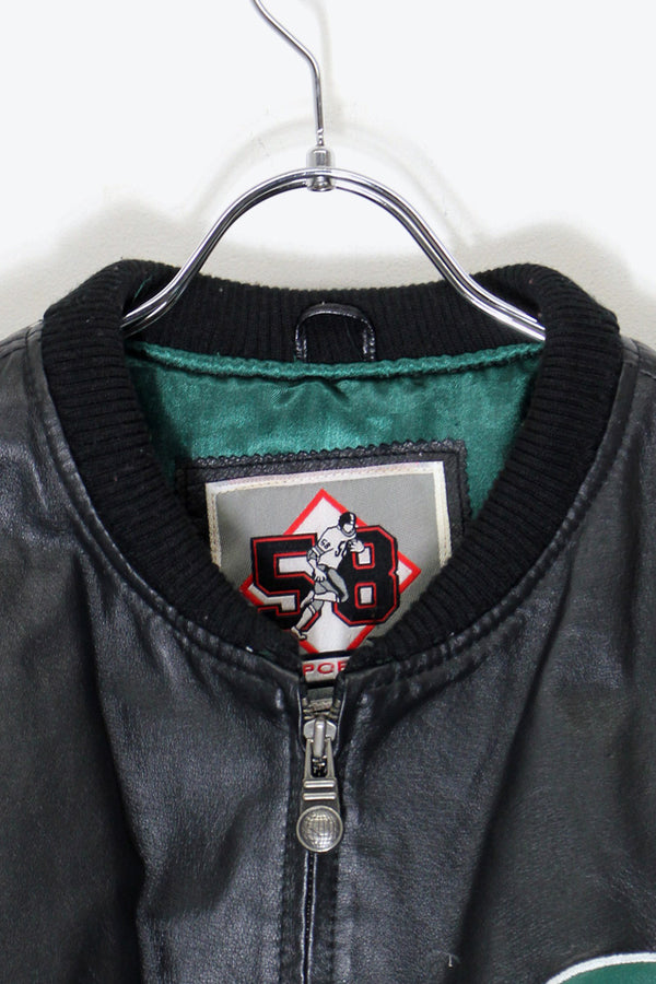 90'S NY JETS BACK EMBROIDERY STADIUM LEATHER JACKET / BLACK / GREEN [ SIZE: XL USED ]