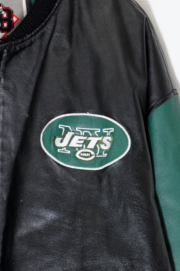 90'S NY JETS BACK EMBROIDERY STADIUM LEATHER JACKET / BLACK / GREEN [ SIZE: XL USED ]