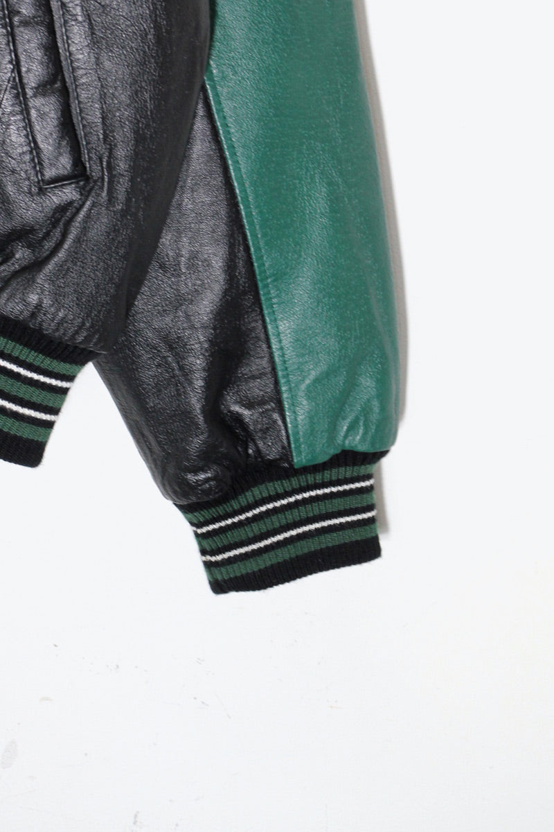 90'S NY JETS BACK EMBROIDERY STADIUM LEATHER JACKET / BLACK / GREEN [ SIZE: XL USED ]