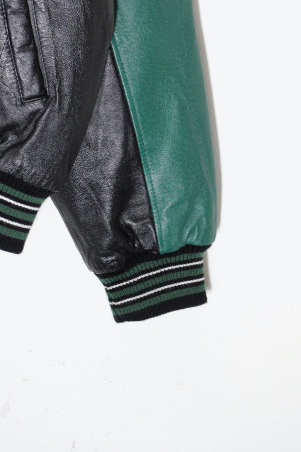 90'S NY JETS BACK EMBROIDERY STADIUM LEATHER JACKET / BLACK / GREEN [ SIZE: XL USED ]