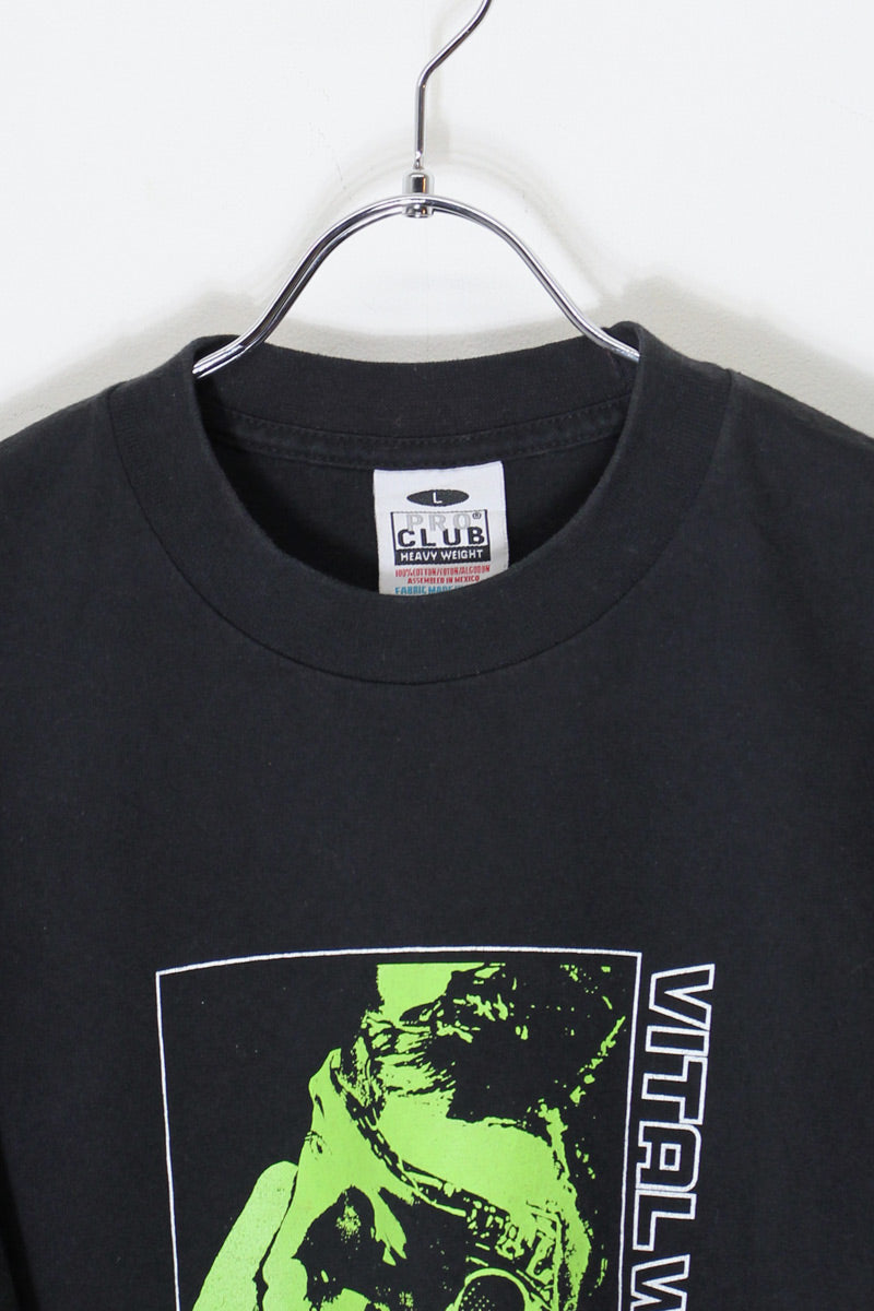 MADE IN USA 90'S S/S VITAL WORLD PRINT T-SHIRT / BLACK [SIZE: L USED]