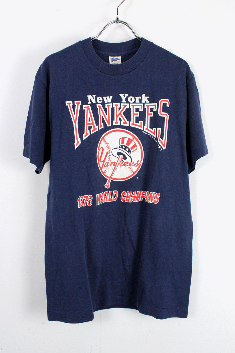 70'S NY YANKEES TEE / NAVY [SIZE: M equivalent USED]