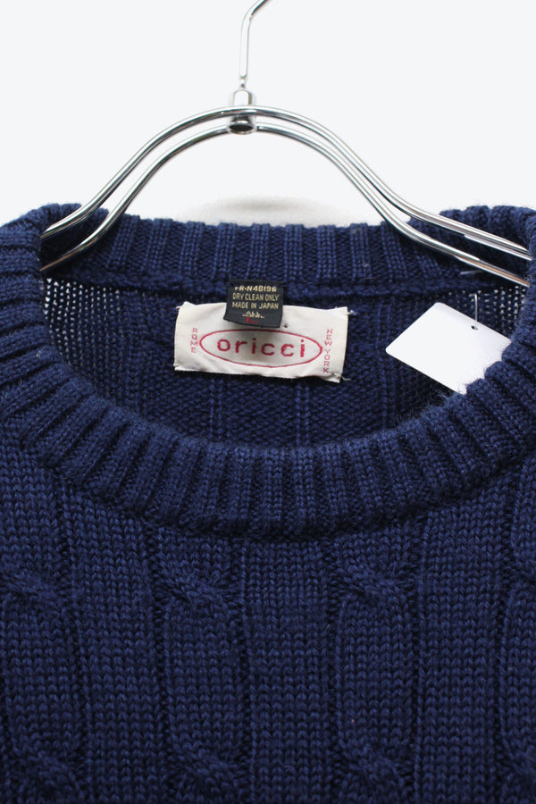 MADE IN JAPAN 90'S WOOL CABLE KNIT SWEATER / NAVY [SIZE: L USED]