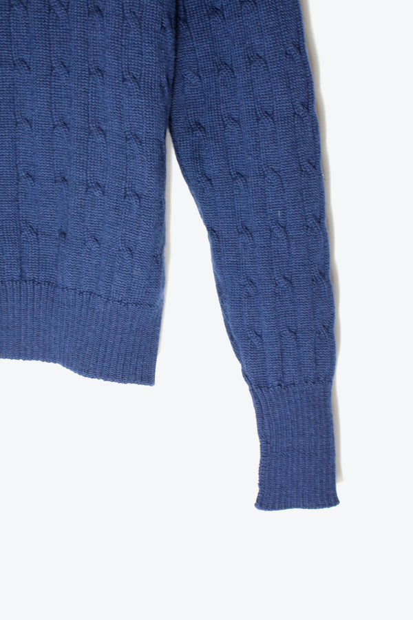 MADE IN JAPAN 90'S WOOL CABLE KNIT SWEATER / NAVY [SIZE: L USED]