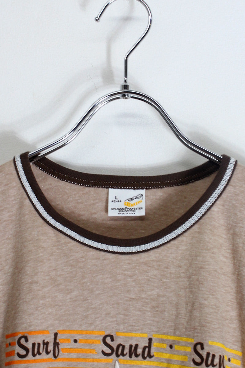 MADE IN USA 88'S S/S OLD ORCHARD BEACH FARM PRINT RINGER T-SHIRT / BROWN [SIZE: L DEADSTOCK/NOS]