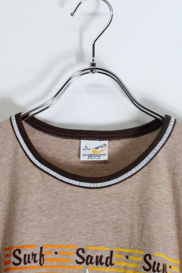 MADE IN USA 88'S S/S OLD ORCHARD BEACH FARM PRINT RINGER T-SHIRT / BROWN [SIZE: L DEADSTOCK/NOS]