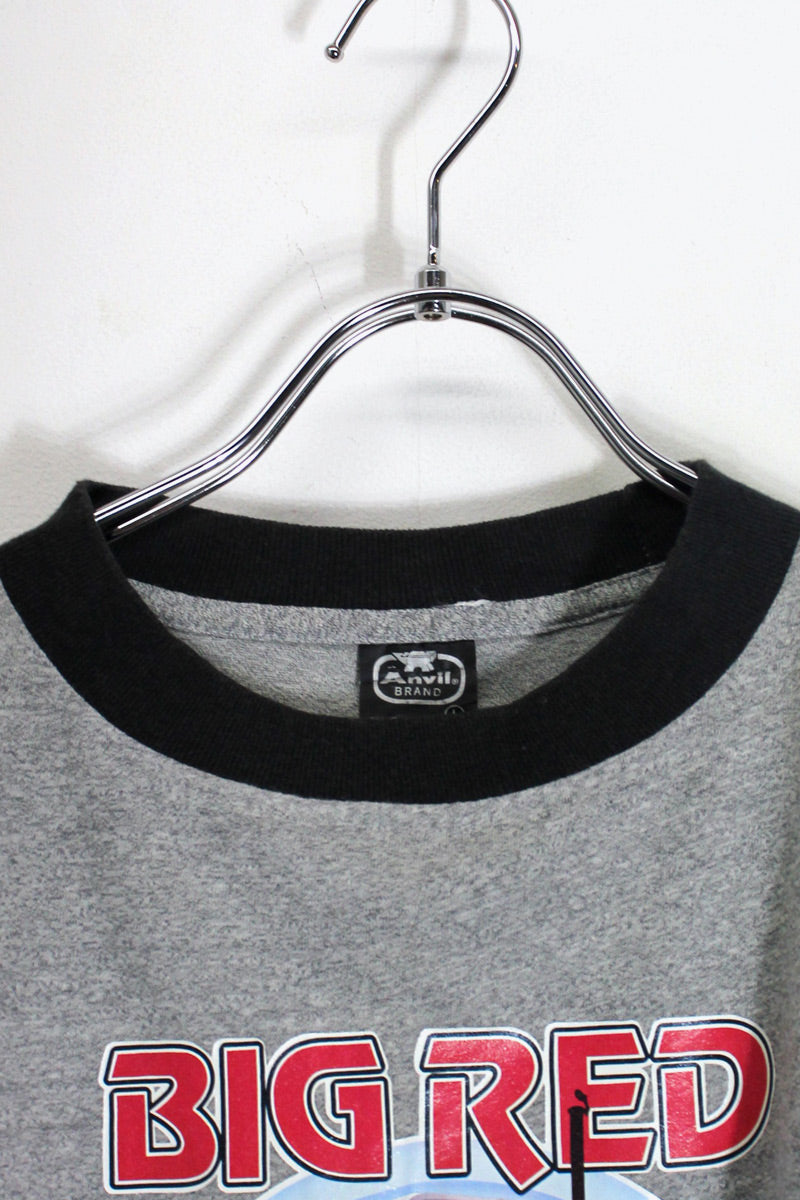MADE IN USA 80'S S/S BIG RED PRINT RINGER T-SHIRT / GREY / BLACK [SIZE: L USED]