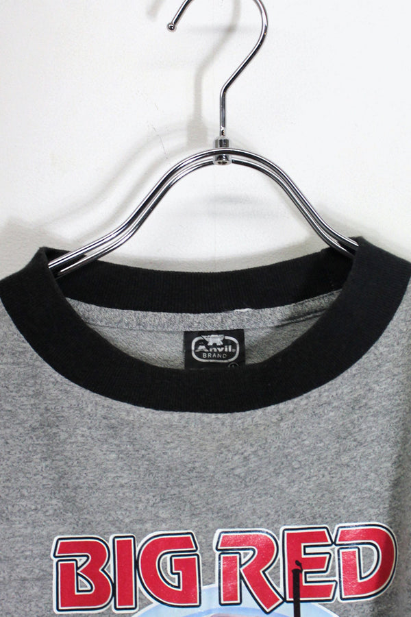 MADE IN USA 80'S S/S BIG RED PRINT RINGER T-SHIRT / GREY / BLACK [SIZE: L USED]
