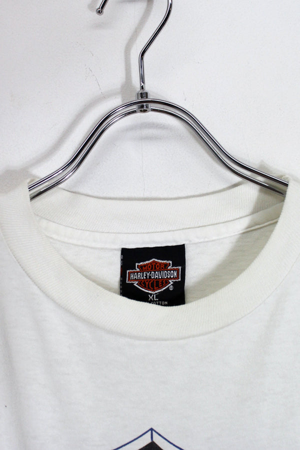 MADE IN USA 90'S S/S SCHAEFFER'S BACK PRINT AMERICAN FLAG SLEEVE MOTORCYCLE T-SHIRT / WHITE [SIZE: XL USED]