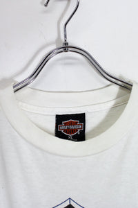 MADE IN USA 90'S S/S SCHAEFFER'S BACK PRINT AMERICAN FLAG SLEEVE MOTOR CYCLE T-SHIRT / WHITE [SIZE: XL USED]
