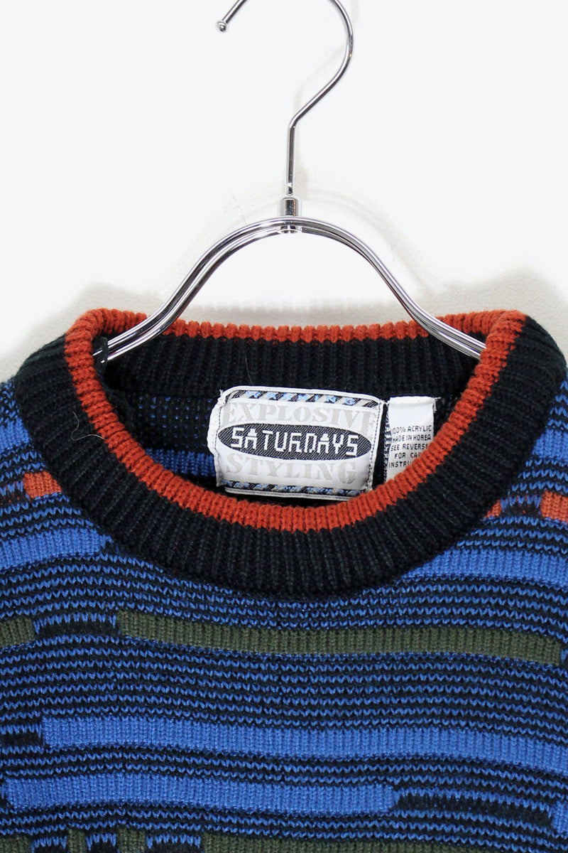 90'S ACRYLIC DESIGN KNIT SWEATER / BLUE [ SIZE: S DEADSTOCK/NOS ]