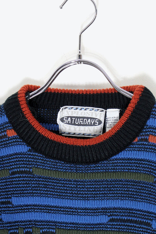 90'S ACRYLIC DESIGN KNIT SWEATER / BLUE [ SIZE: S DEADSTOCK/NOS ]