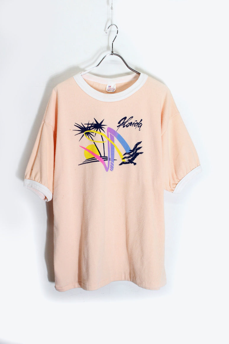 MADE IN USA 80'S S/S PILE FLORIDA PRINT RINGER T-SHIRT / PINK / WHITE [SIZE: XL USED]