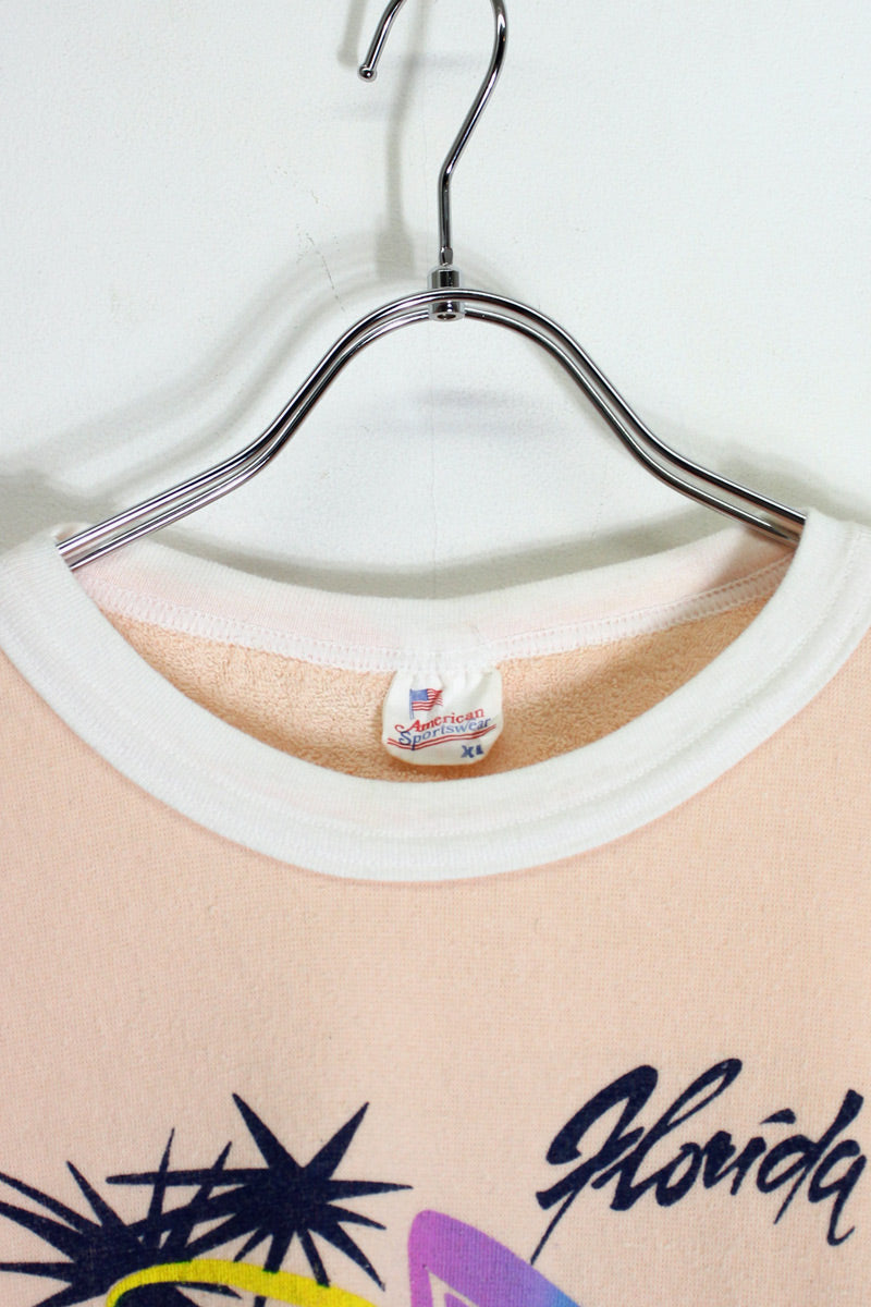 MADE IN USA 80'S S/S PILE FLORIDA PRINT RINGER T-SHIRT / PINK / WHITE [SIZE: XL USED]
